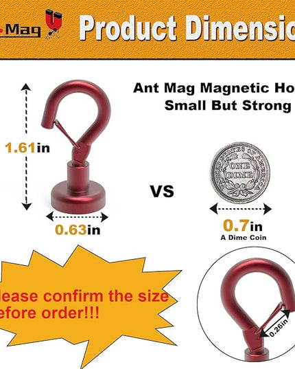 Ant Mag Magnetic Hooks Heavy Duty with Snap 22lbs Strong Red Magnet Hooks Great Hanging for Refrigerator, Cruise Cabin, Grill, Wreath,Kitchen,Office 8 Pack