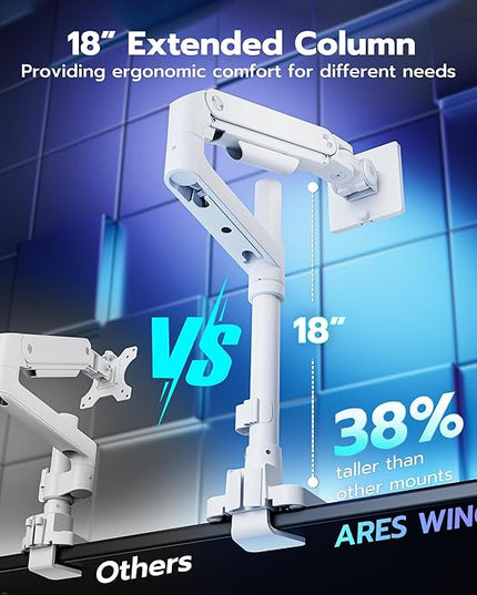 ARES WING Single Monitor Arm Desk Mount for 17-49 Inch Ultrawide Monitors, Heavy Duty Single Monitor Arm Holds 44 lbs, Full Motion Gas Spring Vertical Desk Mount, 75/100 VESA Mount, White