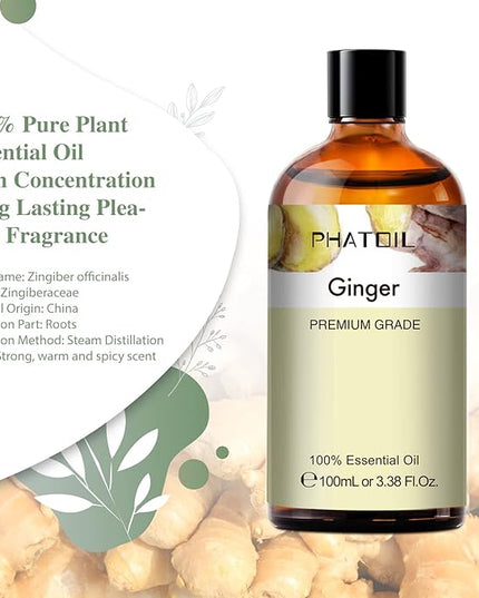 Ginger 3.38fl.oz Essential Oil, PHATOIL Pure Aromatherapy Oils for Diffuser, Humidifier, Perfect for DIY Soap, Candle, Bath Bombs Making(100ml)