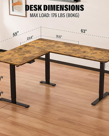 63 x 55 inch L Shaped Standing Desk, Corner Computer Desk, Electric Adjustable Height Stand Up Table, L Sit Stand Desk for Home Office Gaming, Rustic Brown