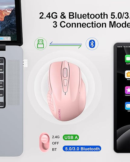TECKNET Wireless Mouse (BT5.0/3.0 & 2.4G) Rechargeable 4800 DPI Silent USB A & Bluetooth Mouse 6 Buttons, Wide Compatibility - Pink