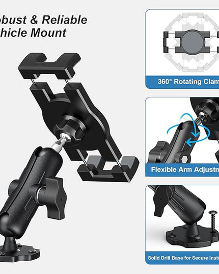 Keuvirya Heavy Duty Tablet Mount for Truck & Vehicle, Drill Base Tablet Holder for Truck with Aluminum Arm, Compatible with 4.7"-12.9" Tablets/iPad/Phones, iPad Truck Mount for Dashboard, Walls, Boat