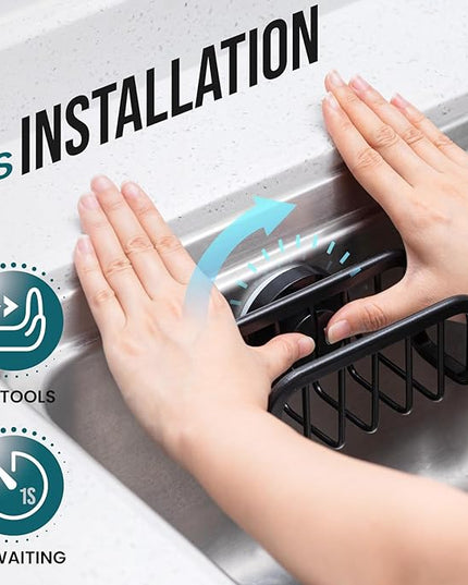 TAILI Sponge Holder for Kitchen Sink with Strong Suction Cup, Rustproof Aluminum Sink Caddy, Removable Sponge Holder, Dish Brush for Scraper - Black