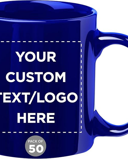 Custom Ceramic Coffee Mugs 11 oz. Set of 50, Personalized Bulk Pack - Coffee cup set, Iced coffee cup, Gaming mug - Cobalt Blue