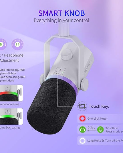 FEELWORLD PM1 XLR USB Dynamic Microphone Gifts for Podcast Recording PC Computer Gaming Live Streaming Vocal Voice-Over, Studio Metal Mic with RGB Light, Mute Button, Headphones Jack (White)