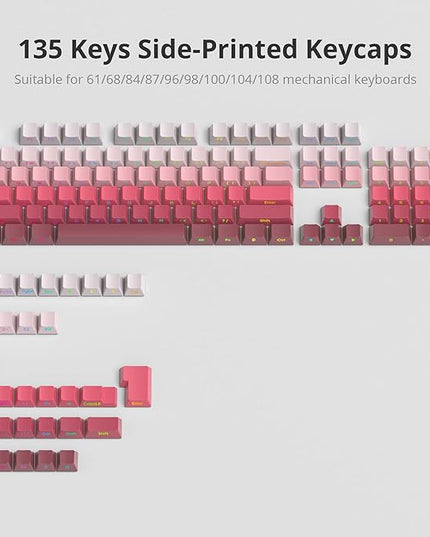Cherry Profile Side Printed PBT Keycaps, 135 Key Minimalist Double Shot Shine Through Custom Keycap, Gradient Key Cap for Cherry MX Switches Mechanical Keyboard (Rouge/Side Print)