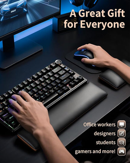 ASFSKY Keyboard and Mouse Wrist Rest Set – Ergonomic Wooden Wrist Support Pad with PU Leather & Memory Foam, Anti-Slip Rubber Base Wrist Cushion for Gaming, Office & Typing Pain Relief
