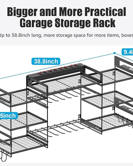 CCCEI Black Power Tool Organizer Wall Mount, Large Tools and Battery Storage Rack Charging Station Individual Switches. Drills Holder, Garage Utility Shelves with 6FT Power Strip. Gift for Men.