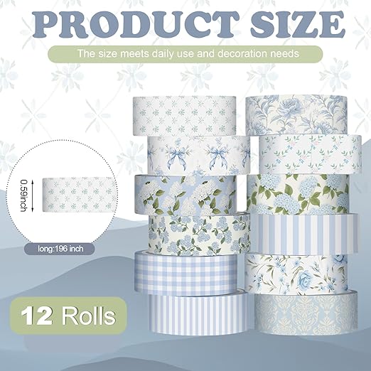 YooNotee 12 Rolls Watercolor Floral Washi Tape Set 15 mm Vintage Flower Decorative Masking Tape for Arts DIY Craft Scrapbook Envelope Party Supplies Gift Wrapping (Dusty Blue,Rose and Hyacinth)