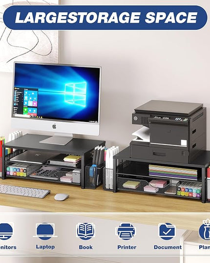 OPNICE Desk Organizer and Accessories, 2-Tier Computer Monitor Stand Riser with Drawer and 2 Pen Holders, Laptop Stand, Office Desk Accessories for Office Supplies, Black