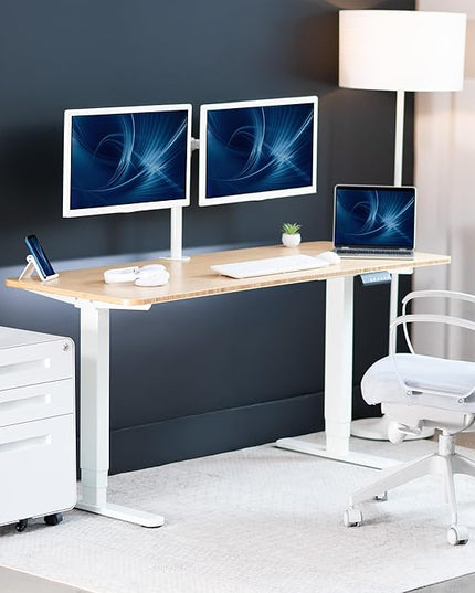 VIVO Electric 60 x 24 in Dual Motor Sit Stand Desk, Memory Height Adjustment, 2B Series, Bamboo Top White Frame, DESK-KIT-2W6O