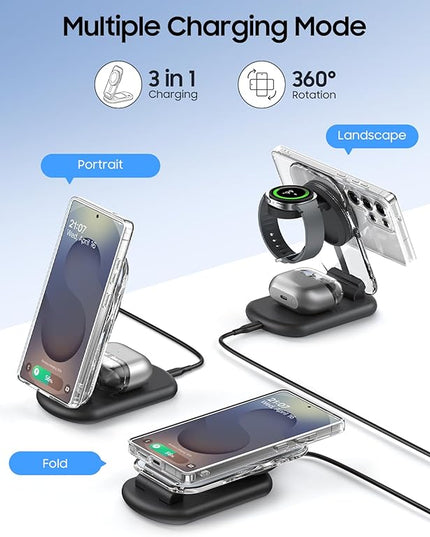 3 in 1 Magnetic Wireless Charger for Samsung, Foldable MagSafe Wireless Charging Station for Samsung Galaxy S25 S24 Ultra/Z Fold7/Z Flip7/6/5, Watch Charger for Galaxy Watch Ultra/8/7/6/5, for Buds