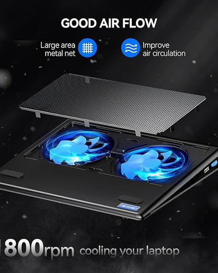 TECKNET Laptop Cooling Pad - 12"-15.6" Laptop Cooler, Powerful Cooler and Ultra Quiet for Gaming Laptops Pad, 2 Wind Speed Adjustable, USB A & C Powered Cooler Stand with Laptops Fan LED (Blue)