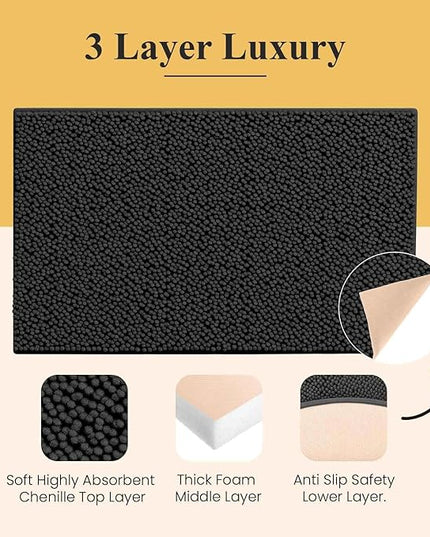 MAYSHINE Plush Shaggy Chenille Bath Mat | Extra Soft, Super Absorbent, Non-Slip Bathroom Rug | Fluffy Microfiber, Area Rug Sets for Bathroom Floor, Kitchen, Living Room | 32"x20" | Black