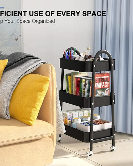 EAGMAK 3 Tier Utility Rolling Cart, Metal Storage Cart with Handle and Lockable Wheels, Multifunctional Storage Organizer Trolley with Mesh Baskets for Kitchen, Living Room, Office, Garage (Black)