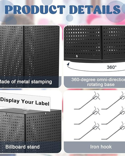Geelin Metal Pegboard Display with Pegboard Hooks, 9.8 x 9.8 x 20.5 In Rotating Display Stand Display Racks for Craft Shows Pegboard Organizer with Peg Hooks for Jewelry Organizing Retail (Black)