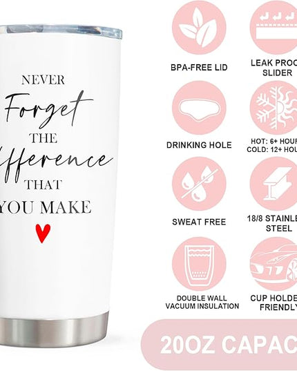 Thank You Gifts for Women/Men, Teacher/Employee Appreciation Gifts, Retirement Gift for Woman, Farewell Gift for Coworkers, Never Forget The Difference You Make Tumbler 20oz