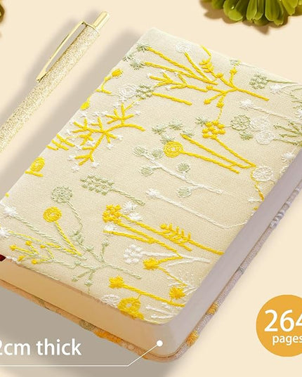 Embroidered Pocket Notebook for Women, A6 Mini Cloth Journal, Hardcover, 264 Pages, 4x6 Small Lined Notebook & Sketchbook, Beautiful Diary, Little Notepad, Apricot Yellow.