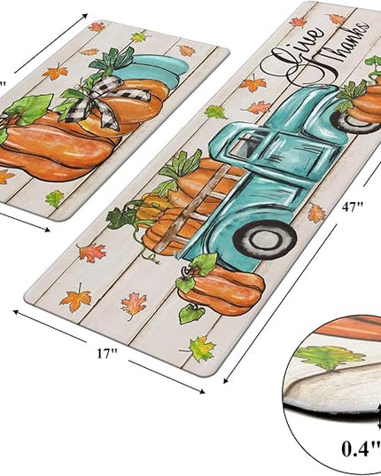 Pauwer Fall Kitchen Rugs Set of 2, Pumpkin Truck Anti Fatigue Kitchen Floor Mat, Non Slip Farmhouse Cushioned Kitchen Mats for Floor, Kitchen Runner Rug Floor Carpet Fall Harvest Thanksgiving Decor