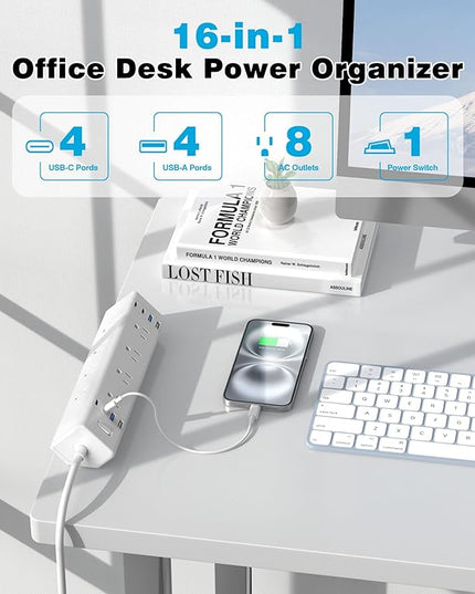 40W Fast Charging Station,Desk Clamp Power Strip,4 USB-C Ports & 8 AC Outlets,Desktop Edge Mount Surge Protector Power Strip,14AWG Heavy Duty Cord,Fit 1.9" Tabletop Edge for Home Office(10Ft Cable)
