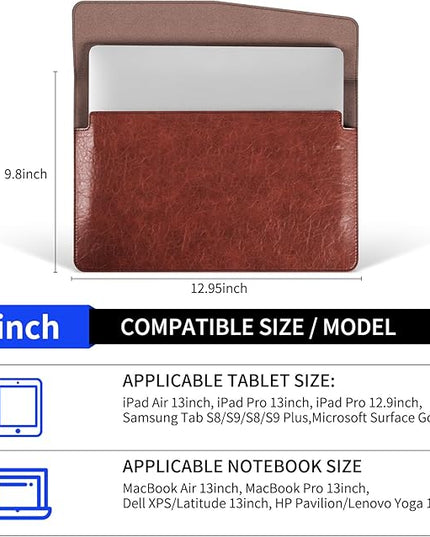 13 inch Genuine Leather Laptop Sleeve for MacBook Air 13 inch M4 M3 M2 M1 2025-2018 & MacBook Pro 13 inch M2/M1 2025-2016,Magnetic Closure Protective Case with Microfiber Lining,Red Brown