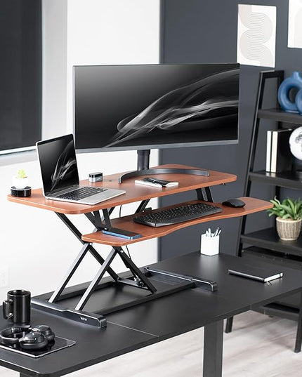 VIVO 42 inch Desk Converter, K Series, Height Adjustable Sit to Stand Riser, Dual Monitor and Laptop Workstation with Wide Keyboard Tray, Dark Walnut Top, Black Frame, DESK-V042KA