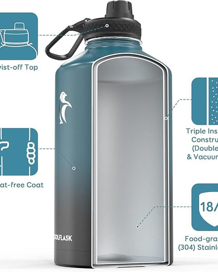 Coolflask 128 oz Gallon Water Bottle Insulated with Straw&3 Lids, Water Jug Large Stainless Steel Metal Vacuum Wide Mouth for Sports, Gym or Office, Non-BPA Keep Cold 48H Hot 24H, Samurai Cyan