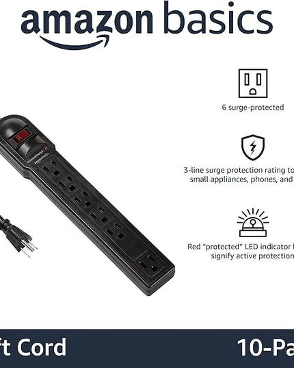 Amazon Basics Surge Protector Power Strip, 6-Outlet, 790 Joules, Circuit Breaker, LED Indicator, 6ft Extension Cord, Black, 10-Pack