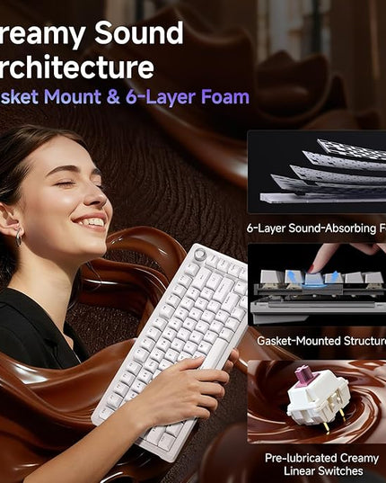 DIERYA DK81E 75% Mechanical Gaming Keyboard, Hot-Swappable, Pre-Lubed Linear Switches, Gasket-Mount, 6-Layer Dampening Foam, Programmable, Volume Knob, RGB Backlit, Double-Shot Keycaps, Wired, White