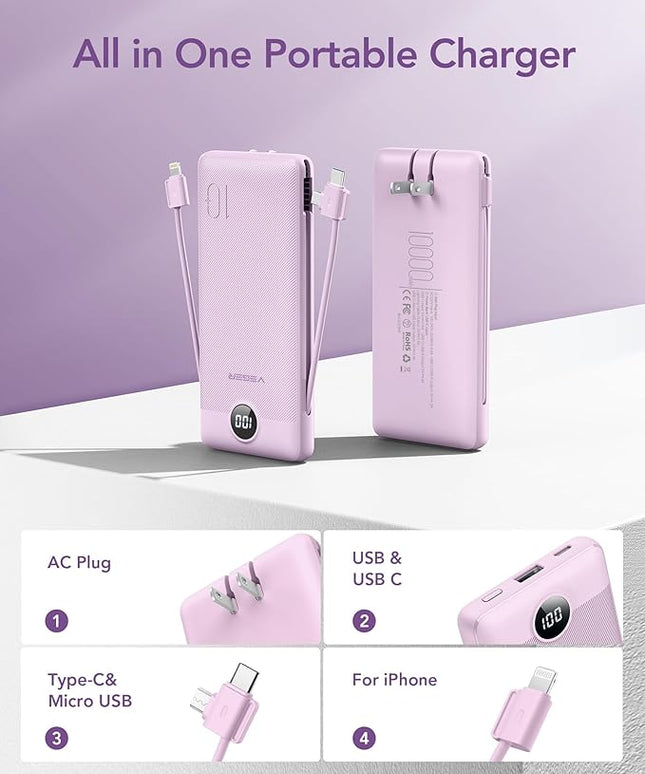 VEGER Portable Charger for iPhone Built in Cables and Wall Plug, 10000mah Slim Fast Charging USB C Power Bank, Travel Essential Battery Pack Compatible with iPhones, iPad, Samsung More Devices(Purple)