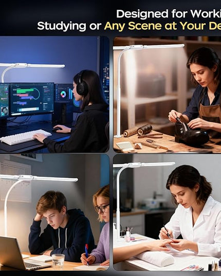 LED Desk Lamp with Clamp, Double Head Adjustable Architect Light, Eye-Caring Monitor Desk Lamp for Home Office, Flexible Gooseneck Task Lamp with 10 Brightness Levels & 5 Color Temperature Modes White