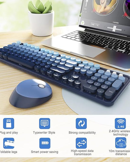 Wireless Keyboard and Mouse Combo, Ergonomic Full Size Typewriter Retro Round Keycaps Keyboard, Compatible with Windows, PC, Perfer for Home and Office Keyboards (Twilight Blue
