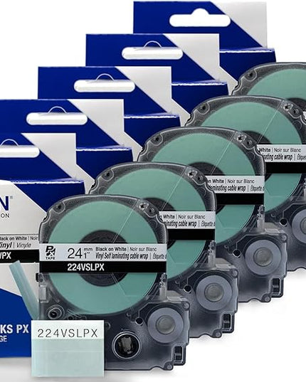 Epson LABELWORKS 224VSLPX-5PK Genuine Tape Cartridge - 5 Pack Black on White Flexible and Durable Vinyl Self Laminating Overwrap Industrial Label Maker Tape - 1" (24MM) Wide, 26.2 ft 5 Cartridges