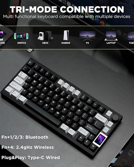 YUNZII AL80 Wireless Mechanical Keyboard,Full Aluminum CNC, Smart LCD Display,Hot Swappable Gasket Mount 75% Layout with Knob,BT/2.4G/USB-C,QMK/VIA Support for Win/Mac (Black, Gateron Zero Switch)