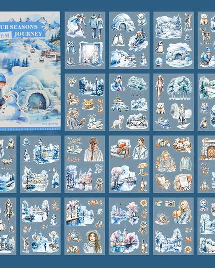 Dwpetzo Winter Pre-Cut Journal Sticker Book for Junk Journaling, Transparent PET White Snow Landscape Stickers for Scrapbook Supplies, Scrapbooking, Collage, Planners, Bujo, 20 Sheets