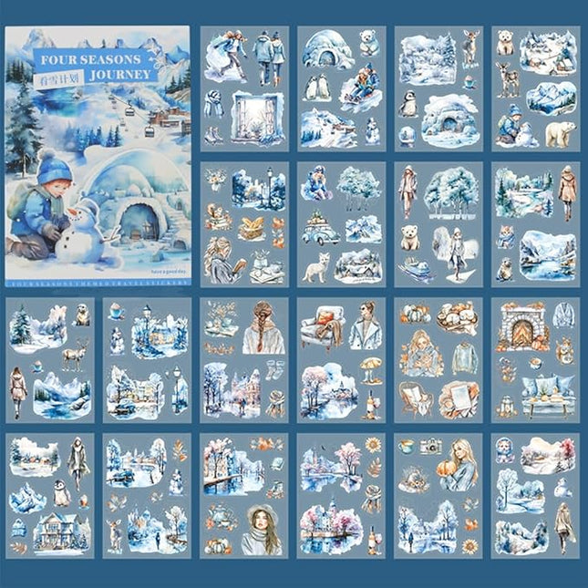 Dwpetzo Winter Pre-Cut Journal Sticker Book for Junk Journaling, Transparent PET White Snow Landscape Stickers for Scrapbook Supplies, Scrapbooking, Collage, Planners, Bujo, 20 Sheets