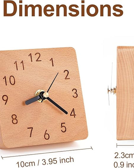 Kattepote Wooden Table Clock on Stand, Decorative Battery Operated Desk and Shelf Clock, Silent Non-Ticking Desktop Clock for Office, Living Room or Bedroom Decor, Square Shape, Beech Wood