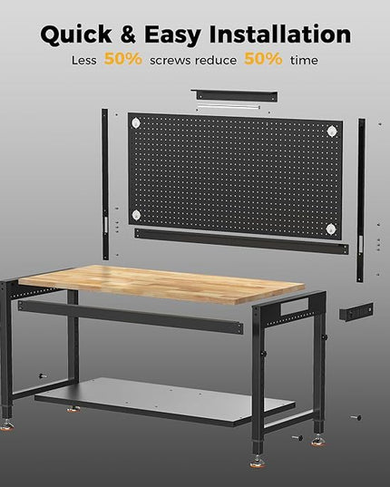 48" Heavy Duty Work Bench Adjustable Height Max Load 2000 LBS with Storage Shelf for Garage Workbench, Rubberwood Tabletop with Pegboard, LED Light, Built-in Power Strip for Woodworking Shop