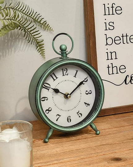 MACVAD Vintage Small Rustic Green Table Clock on Stand - Decorative Desk and Shelf Clock, Battery Operated, Silent Non-Ticking Timepiece Perfect for Office, Living Room, and Bedroom Decor