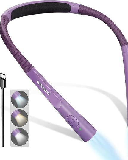 Glocusent Upgraded LED Neck Reading Light, Book Light for Reading in Bed, 30-min Timer, 3 Colors & 3 Brightness Adjustable, Rechargeable & Long Lasting, Perfect for Reading, Knitting