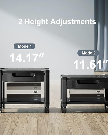 HUANUO Printer Stand with Cable Management and Storage Drawer, Printer Table with Locking Wheels, 14.1-inch Maximum Height Printer Cart for Under Desk, Home, Office, HNDPS
