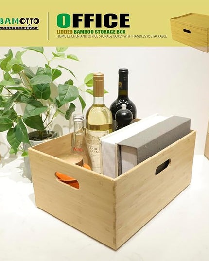 BAMOTTO Lidded Bamboo Storage Bins & Box/Cube/Basket, Home Kitchen and Office Storage Boxes with Handles & Stackable for Organizer Tableware, Clothing, Toys, Office Shelf Books, 14.6”x10.2”x6.5”