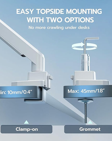 ARES WING Ultrawide Monitor Arm, Heavy Duty Single Monitor Mount for 13"-49" Curved Screens, Adjustable Stand for Desk with C-clamp & Grommet Base up to 40 LBS, White