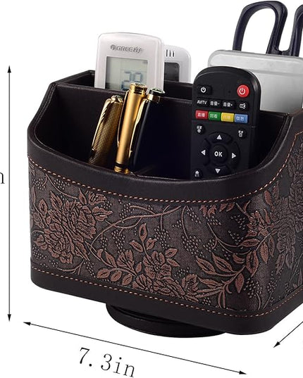 Antique Leather Remote Control Holder 360 Degree Spinning,Desk Rotating Organizer/Caddy for TV Remote Controllers,Pen,Calculator Media Player,DVD,Office Supplies,Mobile Phone Storage Box (Retro)