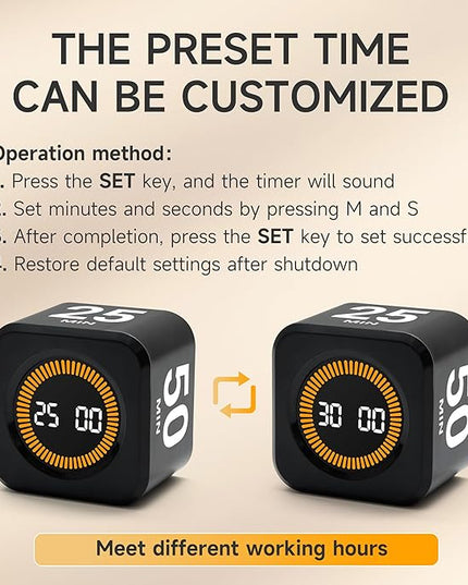 Exlliy Rotating Productivity Timer 5, 25, 10, 50 Minutes Preset, Desk Cube w/Gravity Sensor for ADHD, Mute Functions, Ideal for Work, Study, Kitchen, Back to School (1, Black)
