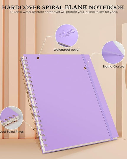 Blank Spiral Notebook Journal 8.5” x 11”, A4 Large Sketch Book for Women Men, 100 GSM Blank Paper Drawing Notebook, Plastic Hardcover Spiral Bound Sketchbook for Sketching Work School Writing, Purple