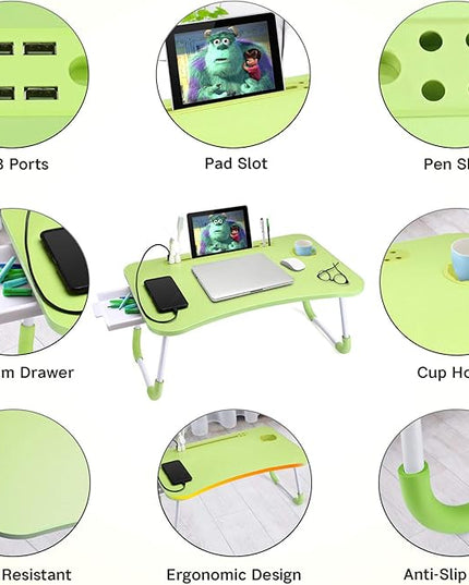 Slendor Lap Desk with Tablet Slot, Foldable Laptop Table with Storage Drawer for Bed，Portable Bed Desk for Laptop, Computer Tray with Cup Holder Notebook Stand Reading Holder for Couch Floor, Green