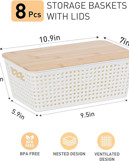 Storage Bins with Lids 8 Packs, Plastic Storage Bins with Bamboo Lids for Pantry Organization and Storage Containers for Shelves Drawers Desktop Closet Playroom Classroom Office Home, White