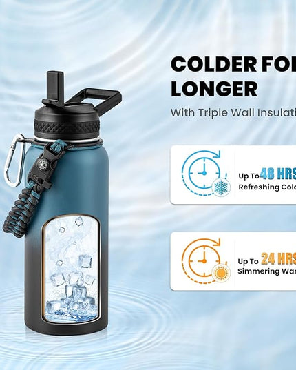 Insulated Water Bottle 32 oz, Triple Wall Vacuum Stainless Steel (Cold for 48 Hrs, Hot for 24Hrs), Leak Proof & Non-BPA, 32oz Hydro Water Flask with Paracord Handle & Straw Spout Lids