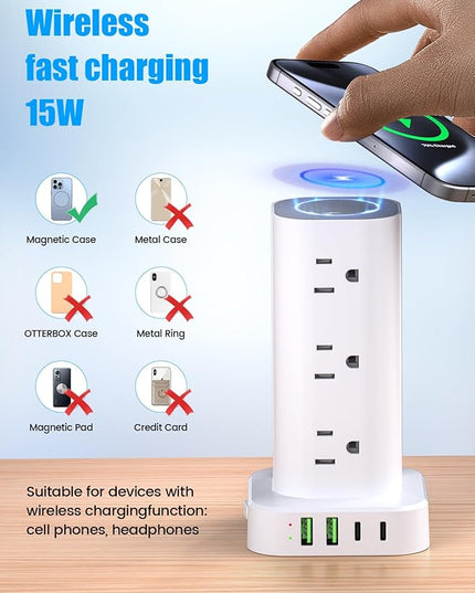 Tower Power Strip with 15W Wireless Charger, 10FT Flat Plug Extension Cord with Multiple Outlets, 12 AC Outlets, 4 USB Ports (2 USB C) Charging Station Surge Protector for Office Home Dorm Room(White)